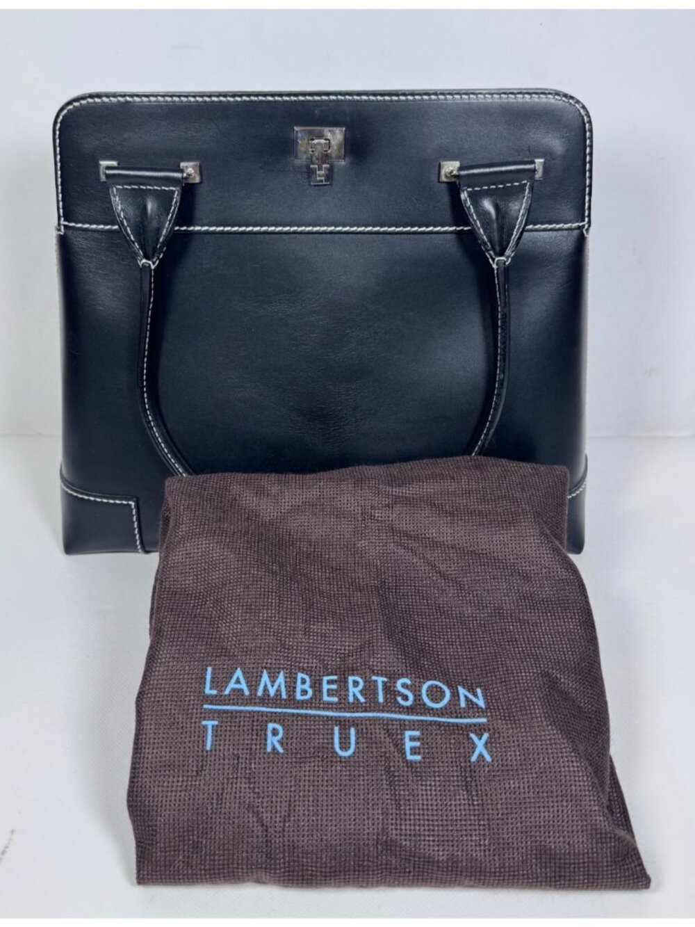 Lamberston Truex Italy Black Leather Structured Tote Handbag Satchel